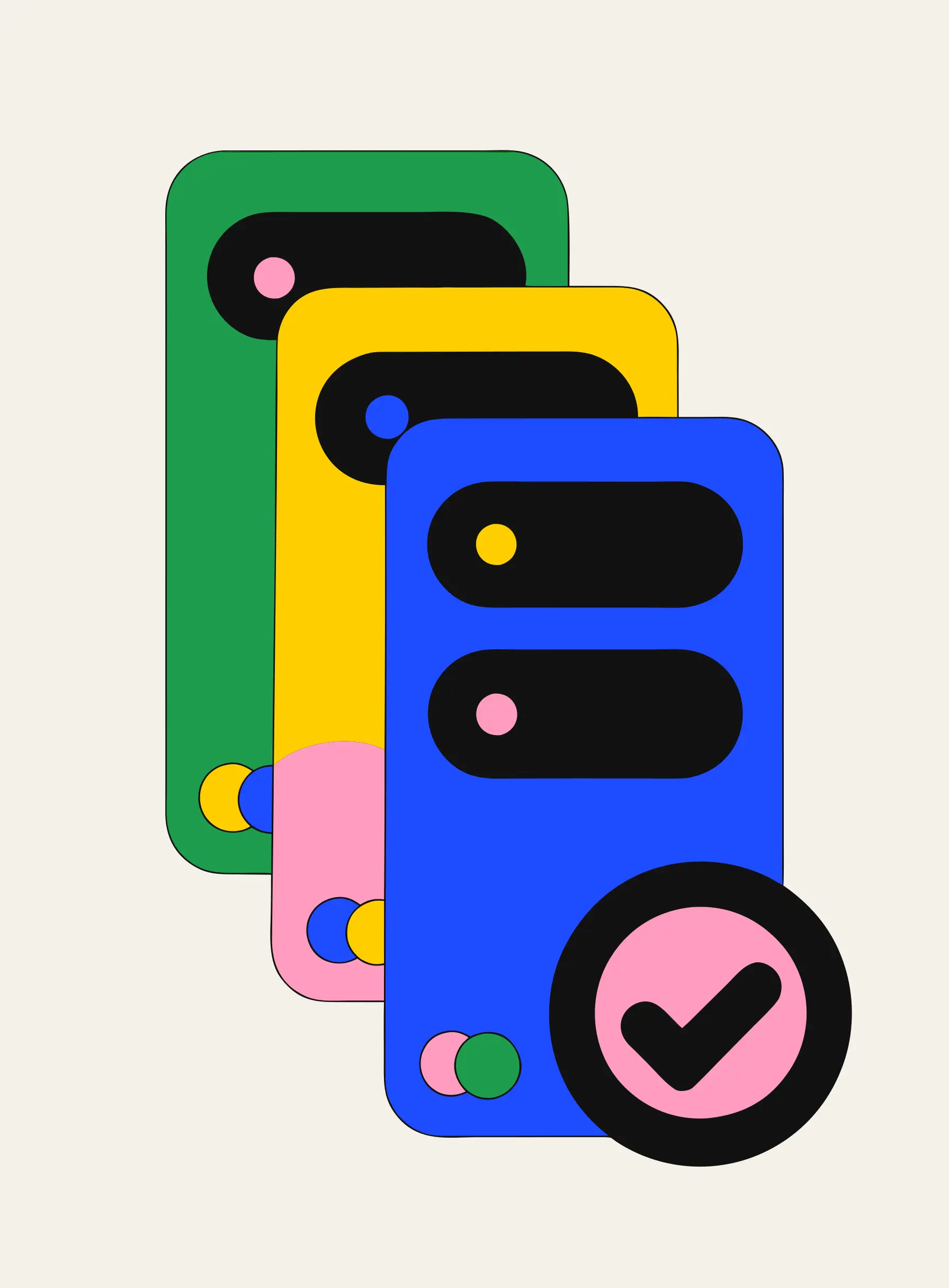 Flat illustration of several colorful language-app chat cards fanned out with one highlighted by a checkmark