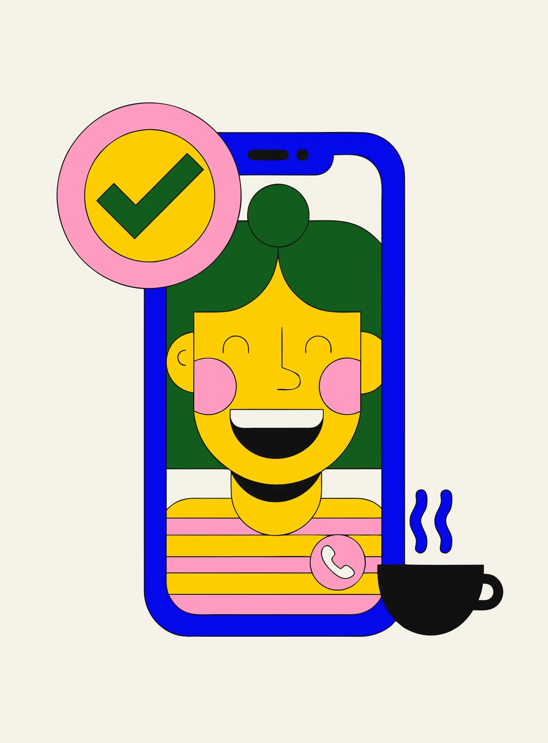 Illustration of a phone showing a video-verified smiling profile with a checkmark and a coffee cup