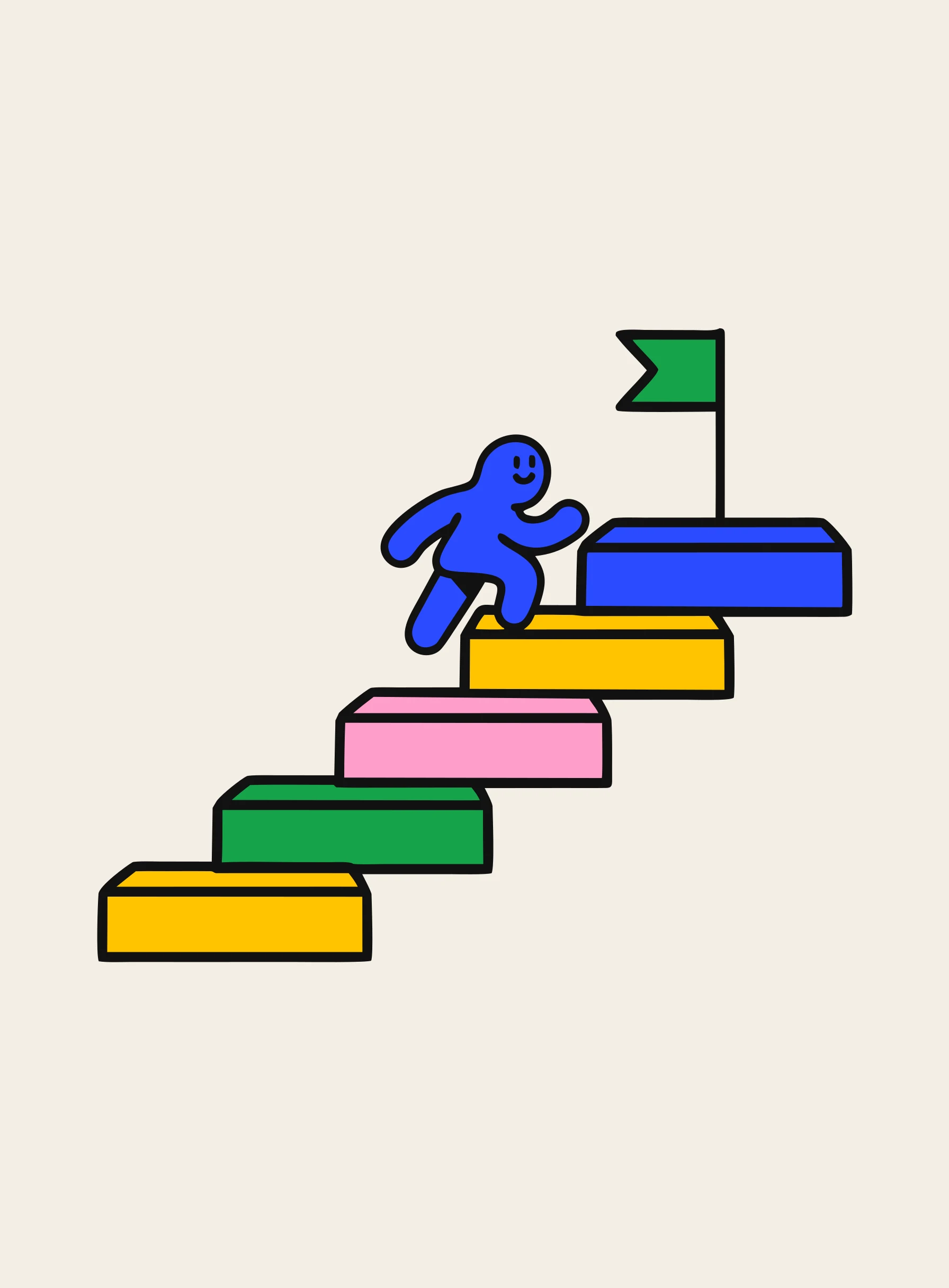 Illustration of a small figure climbing a staircase with a flag planted on a middle step marking the conversational checkpoint