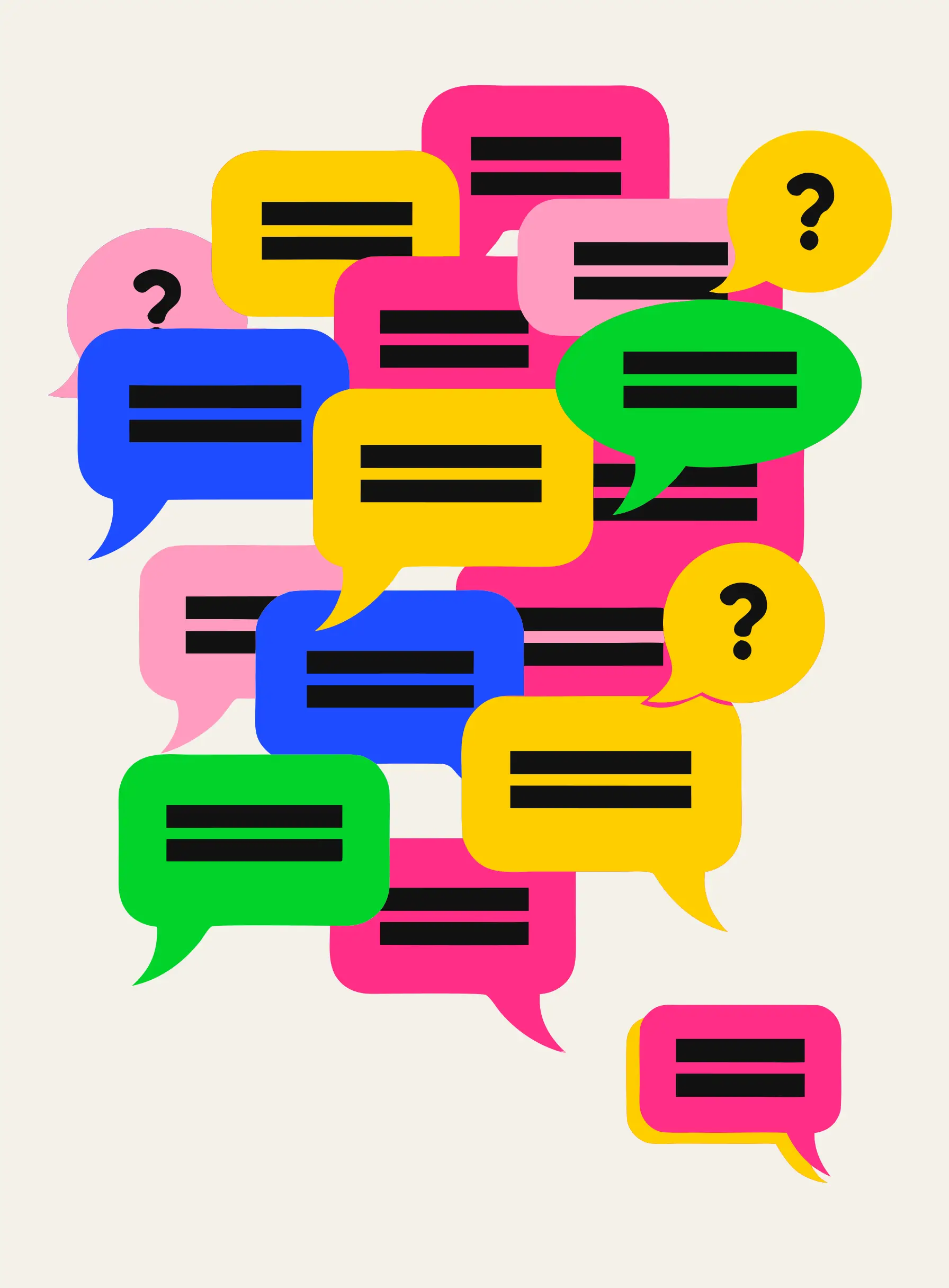 Illustration of a crowded chat inbox full of overlapping speech bubbles and question marks