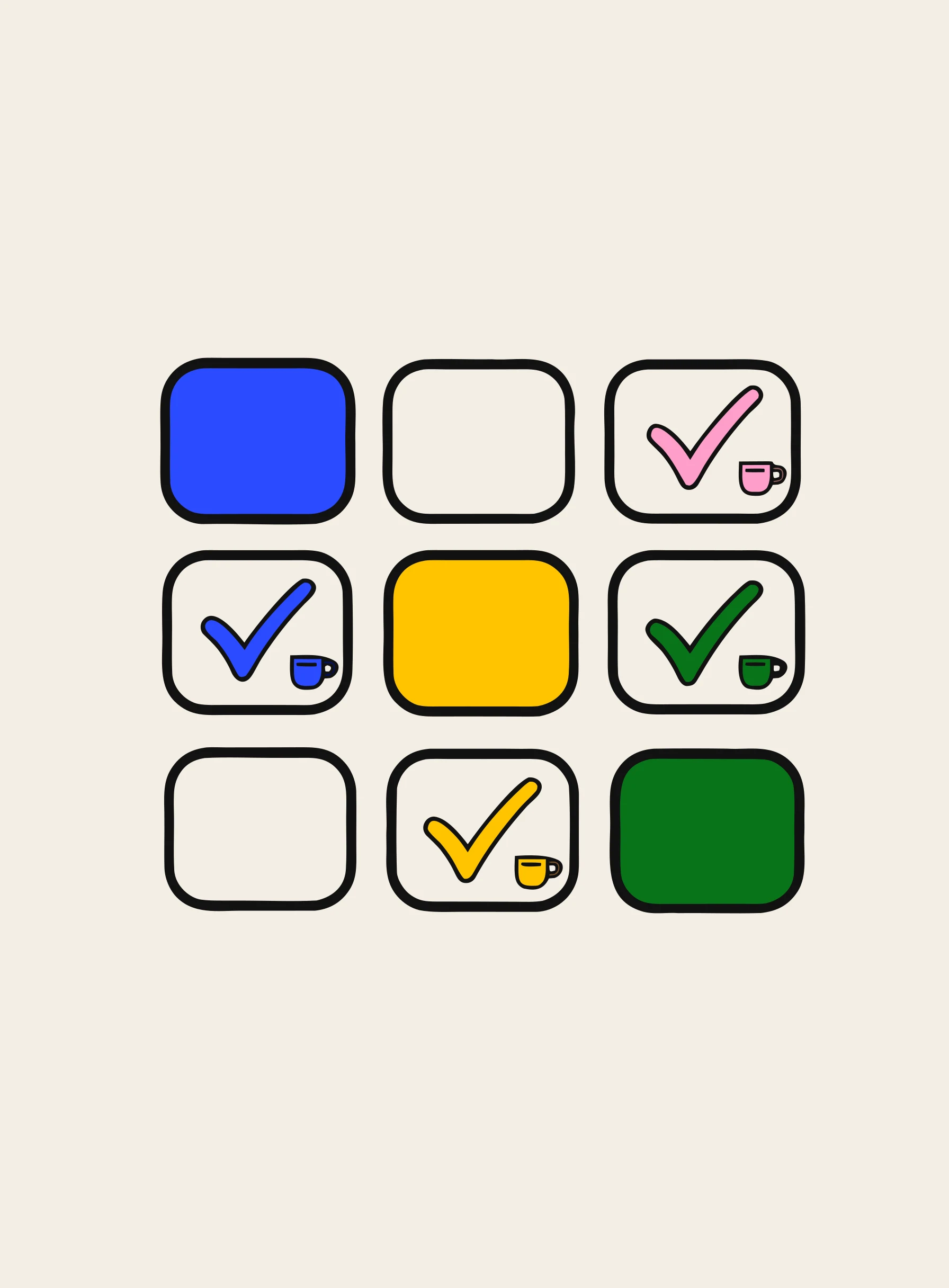 Illustration of a calendar grid marked with colorful checkmarks and a small coffee cup, showing a daily practice streak