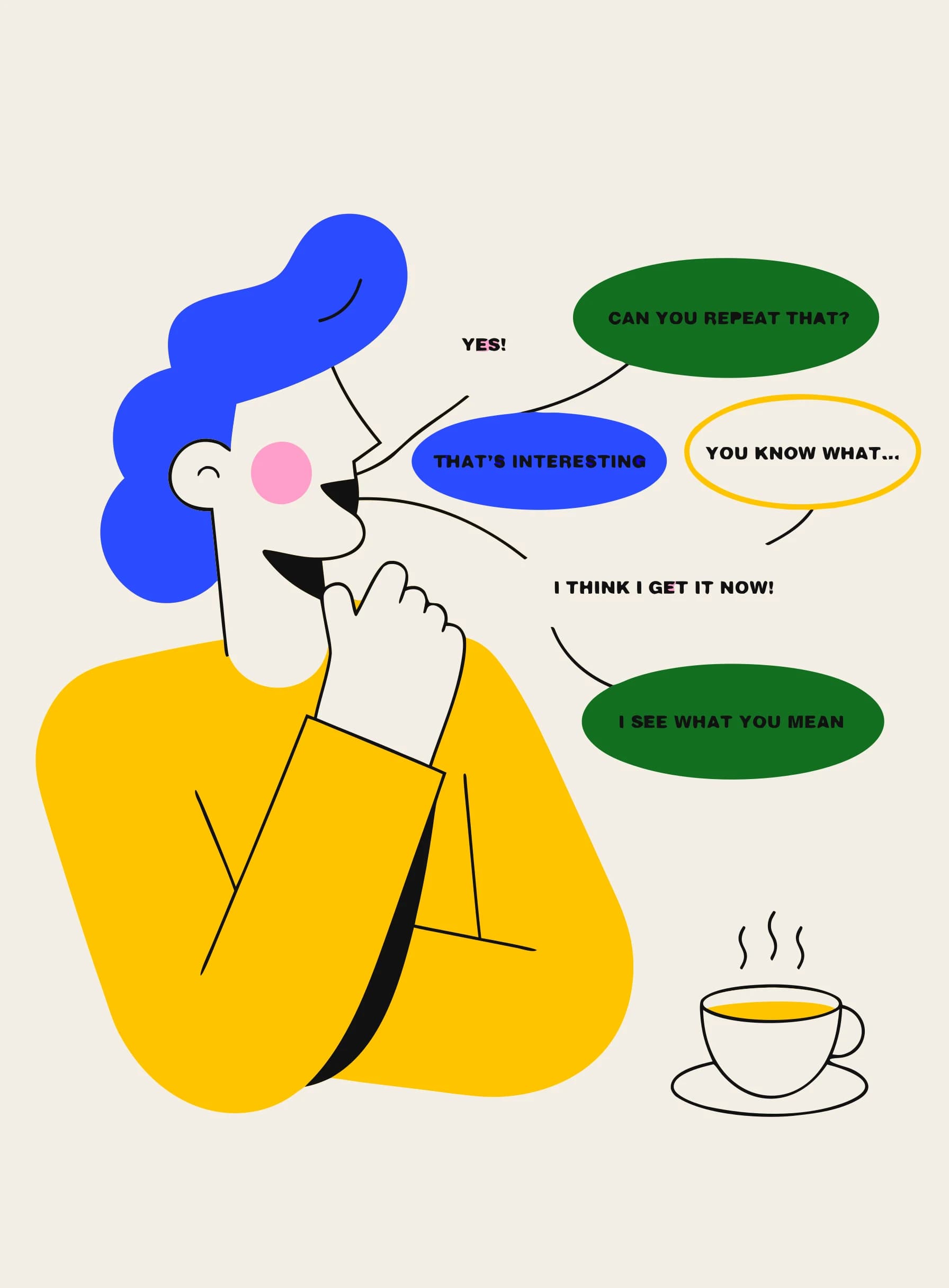 Illustration of a confident person speaking with several English speech bubbles flowing out and a coffee cup nearby