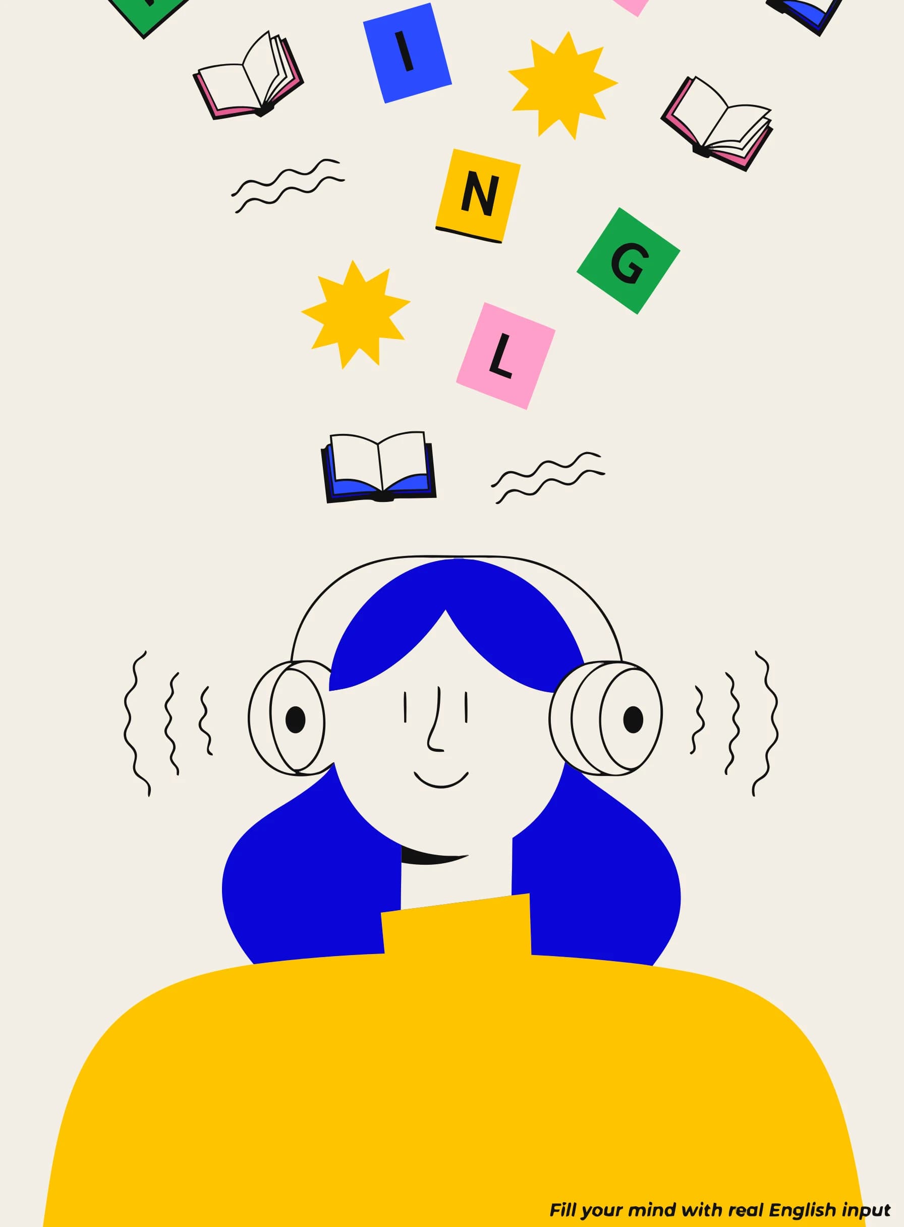 Illustration of a person with headphones and word tiles and books flowing into their head