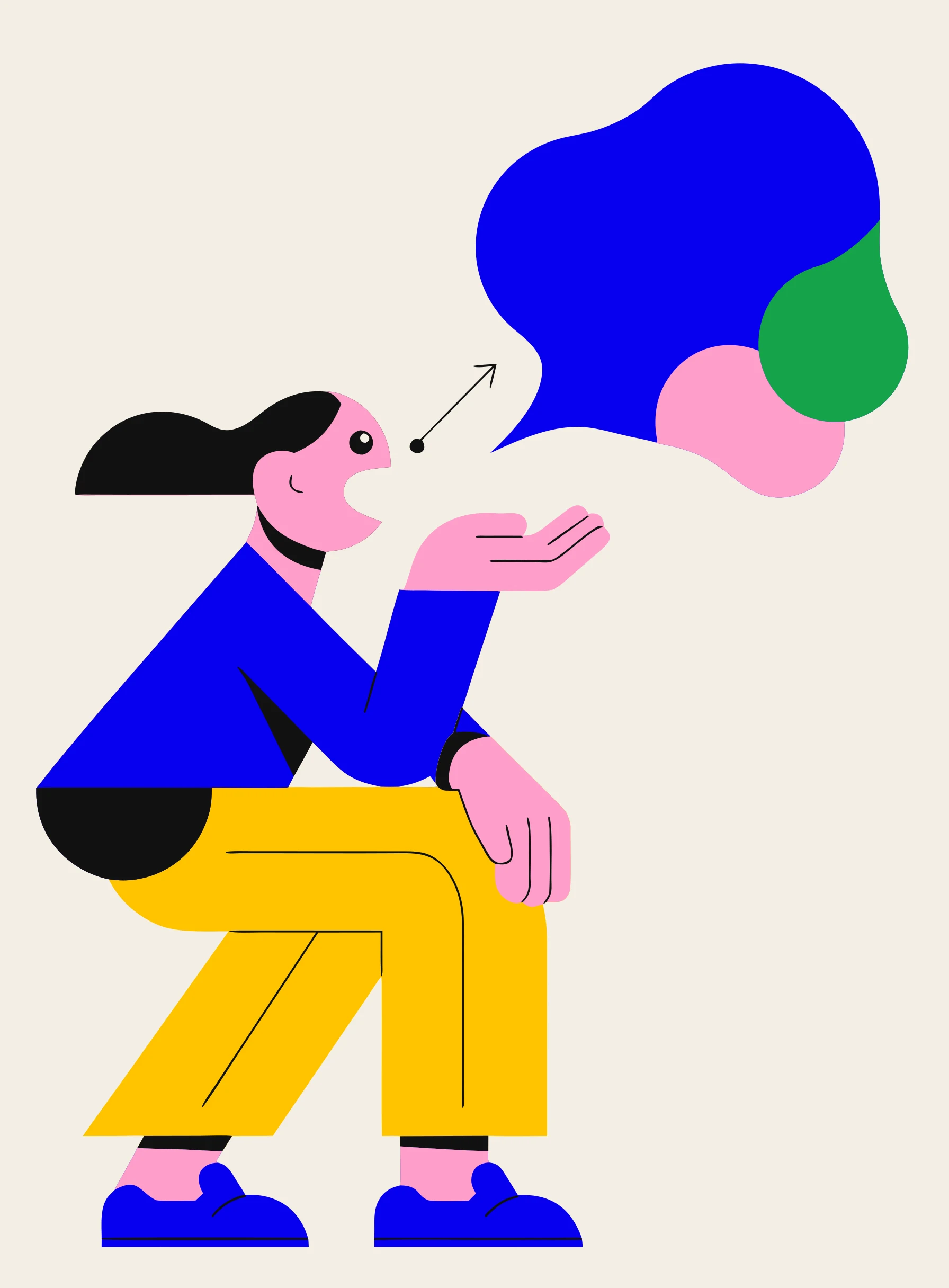 Illustration of a person opening their mouth to speak with an arrow leading from their head to a bright speech bubble