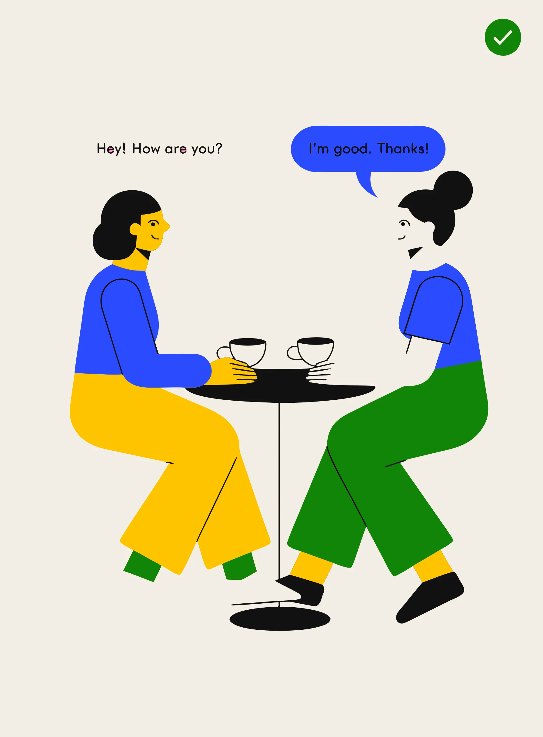Illustration of two people practising conversation over coffee with English speech bubbles and a green verification checkmark
