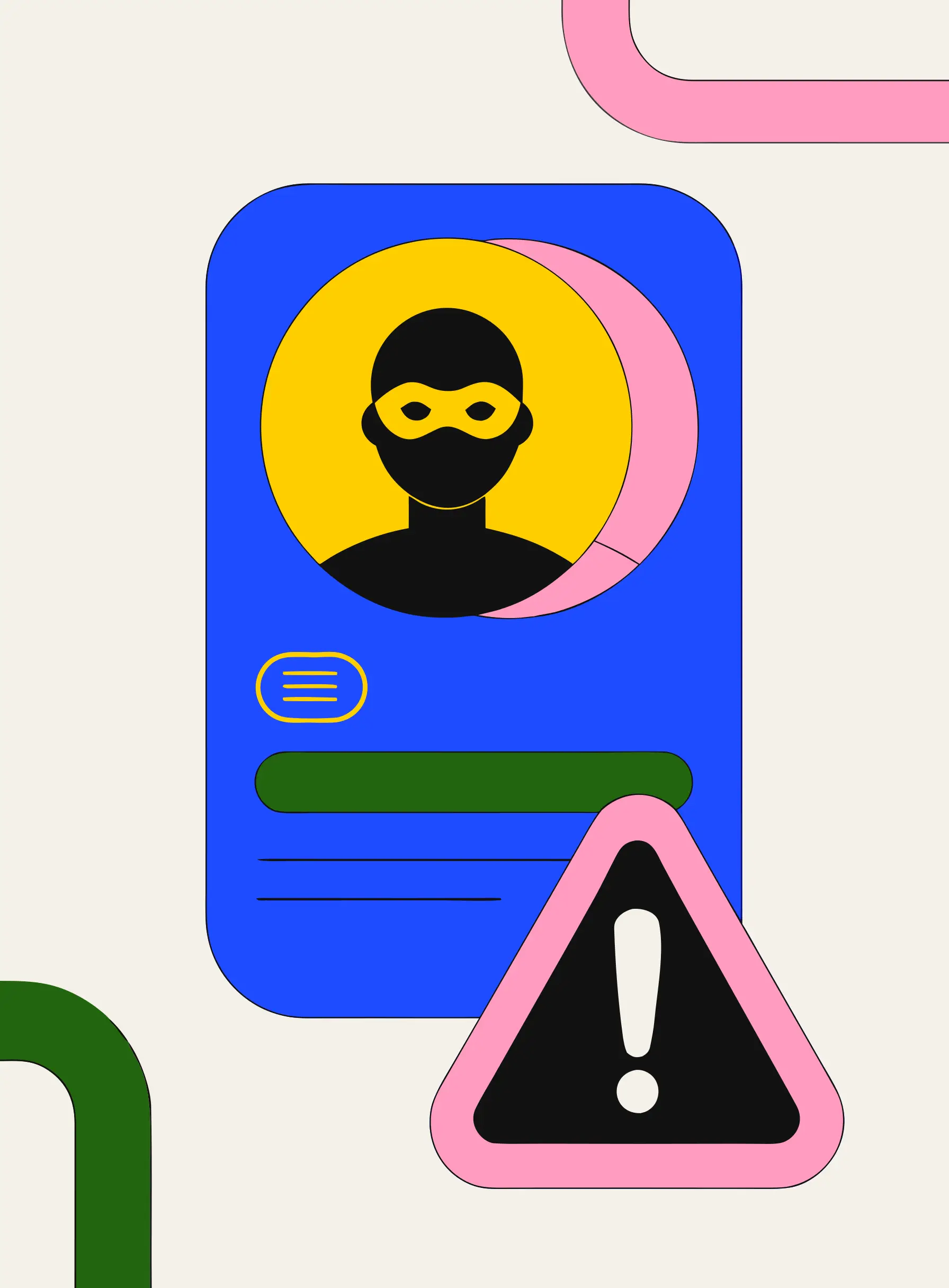 Illustration of a masked anonymous profile behind a warning sign representing fake accounts