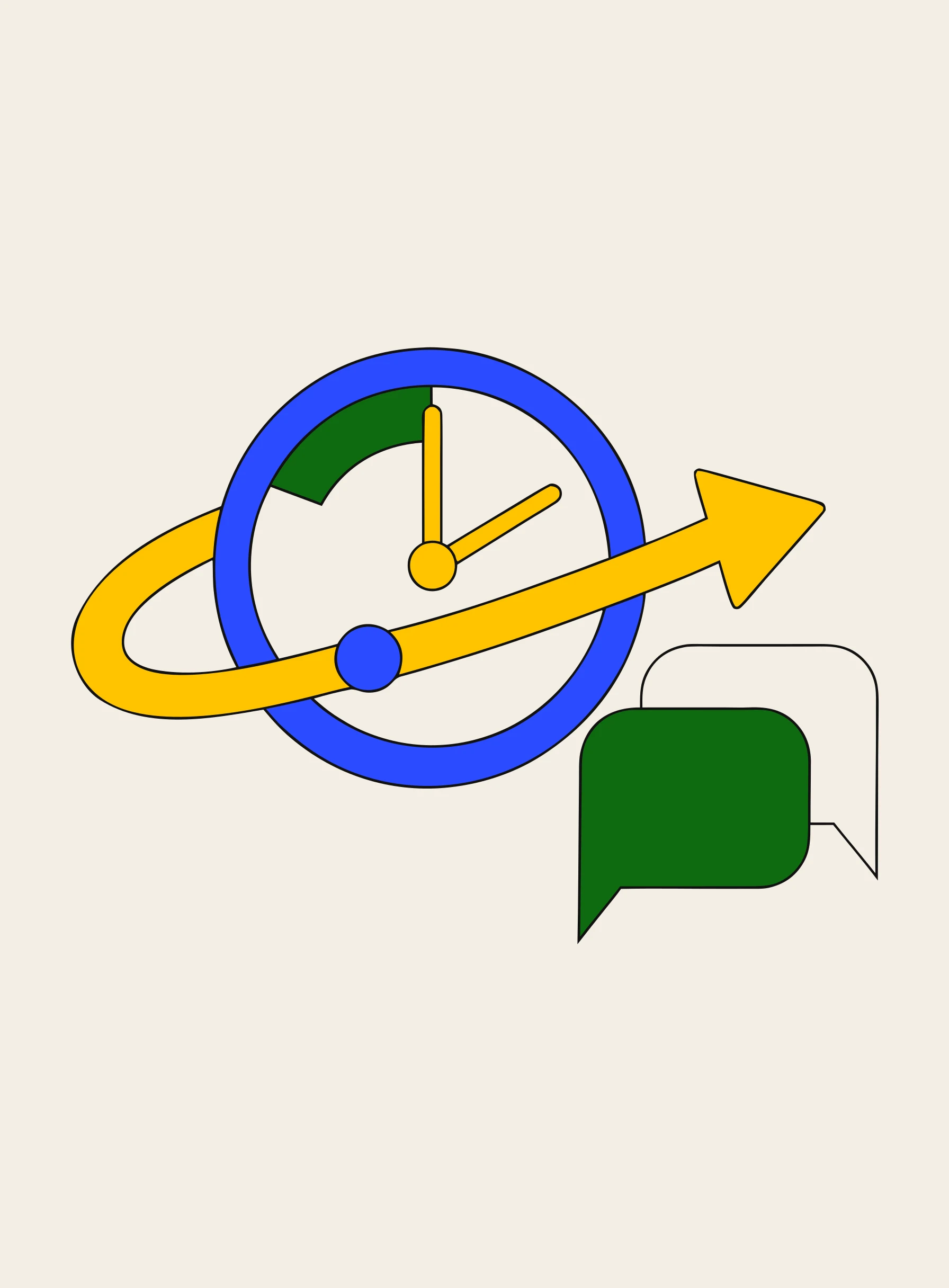 Illustration of a clock with a bold arrow sweeping forward beside two overlapping speech bubbles, representing faster progress through conversation