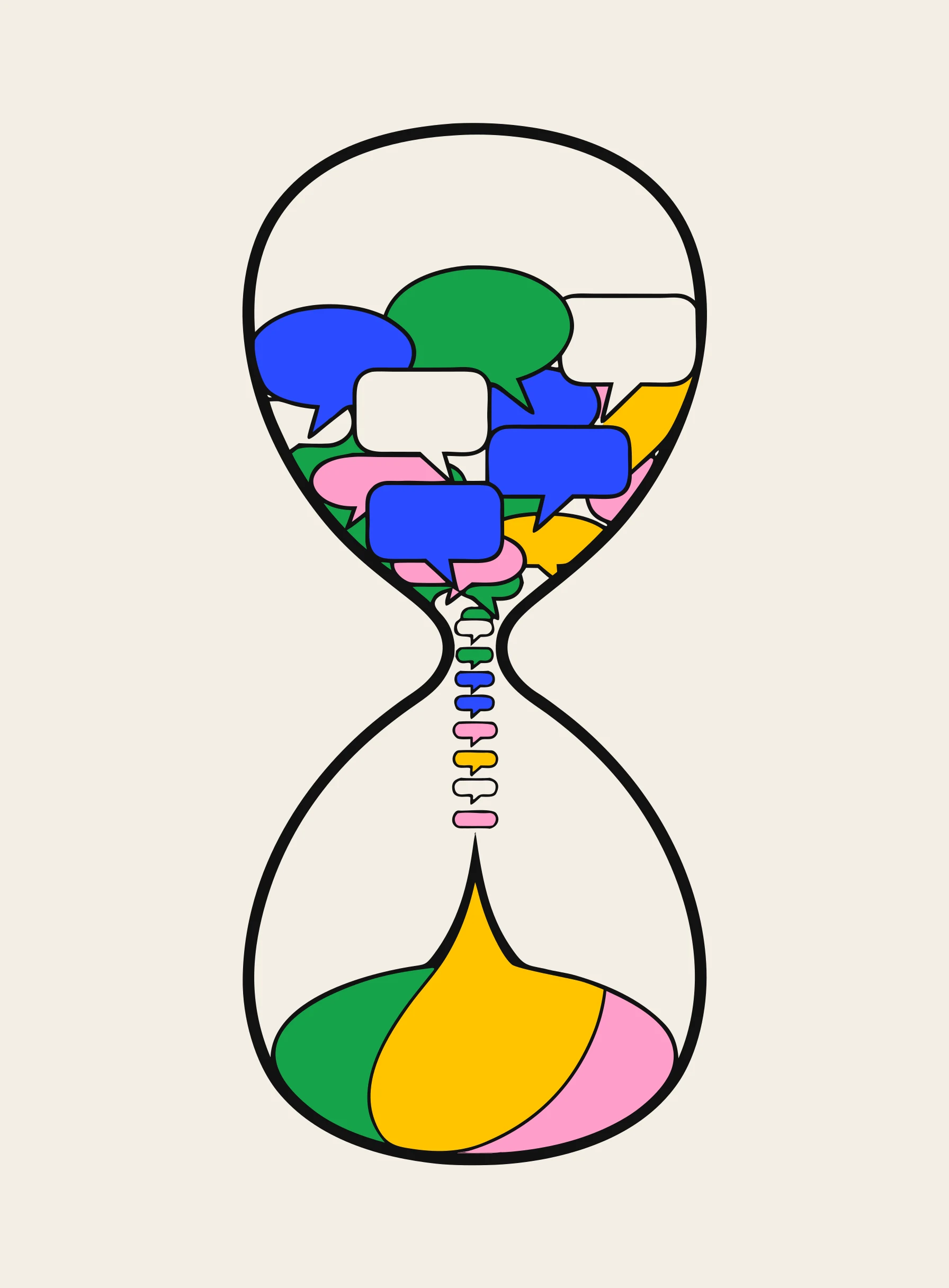 Illustration of an hourglass with colorful speech bubbles flowing through it, representing time turning into conversation