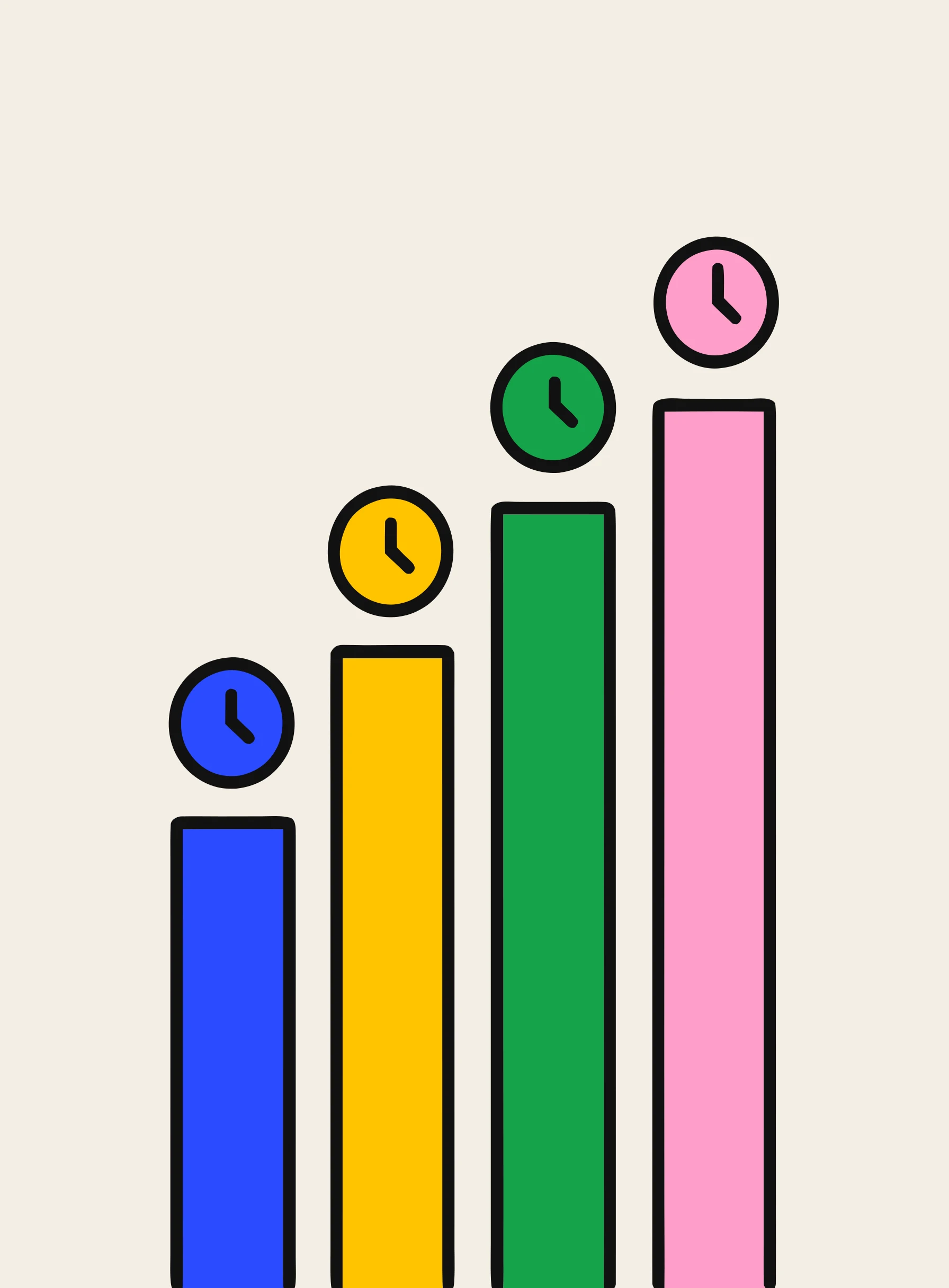Illustration of four bars of increasing height with small clocks on top, representing rising study hours by language difficulty