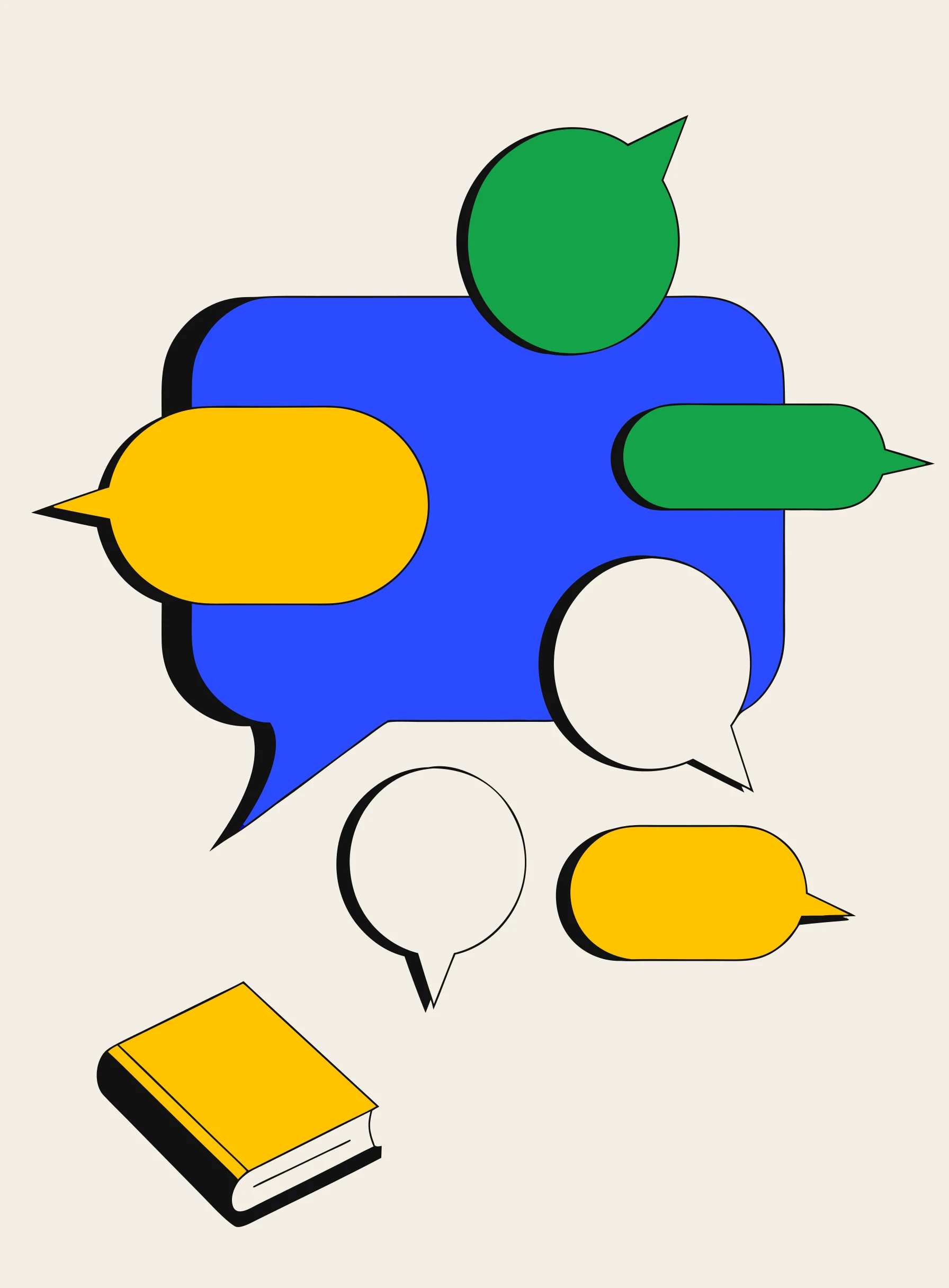 Illustration of one large speech bubble multiplying into smaller colorful speech bubbles beside a small closed book