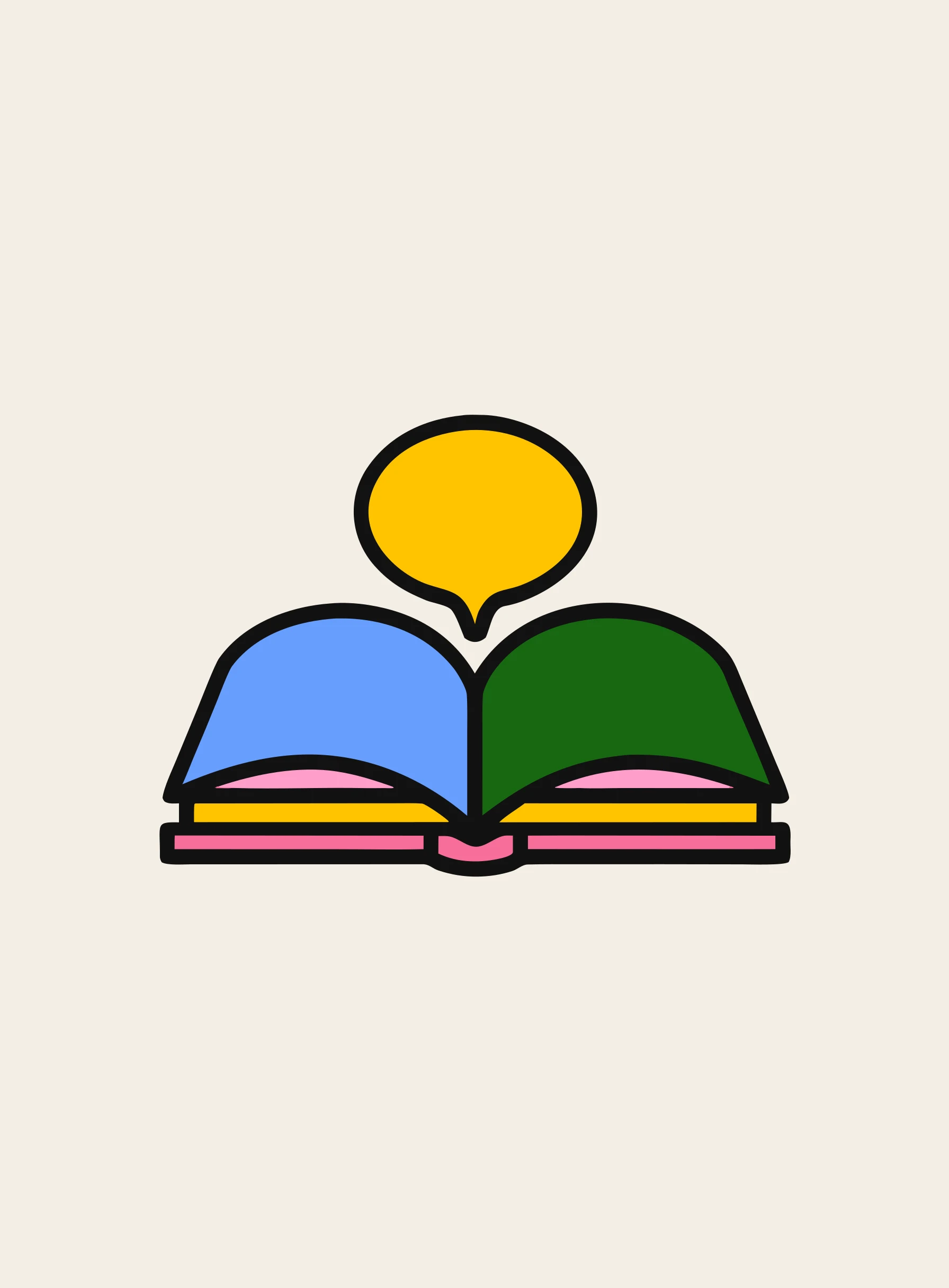 Illustration of an open book with a speech bubble rising out of it, representing turning study into conversation