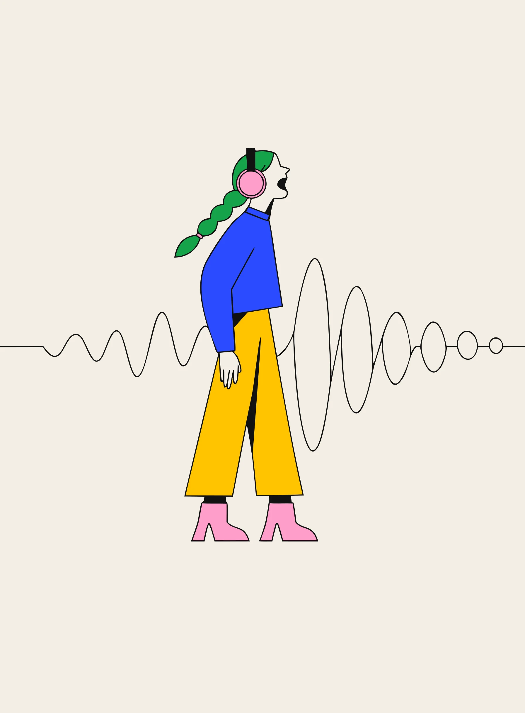 Illustration of a person wearing headphones speaking a beat behind an audio waveform, echoed speech bubbles trailing the sound
