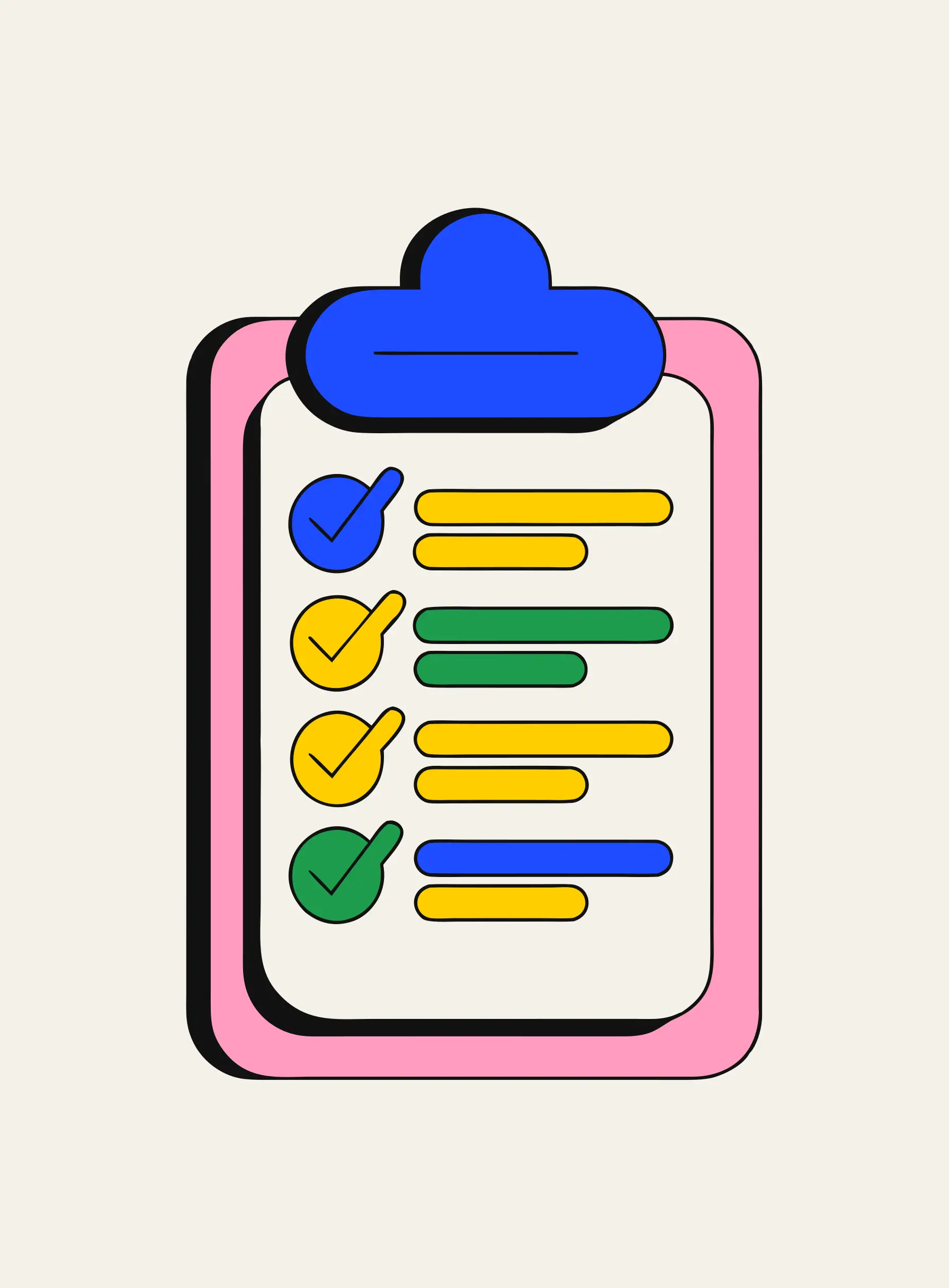 Illustration of a checklist clipboard with colorful checkmarks for choosing a language app