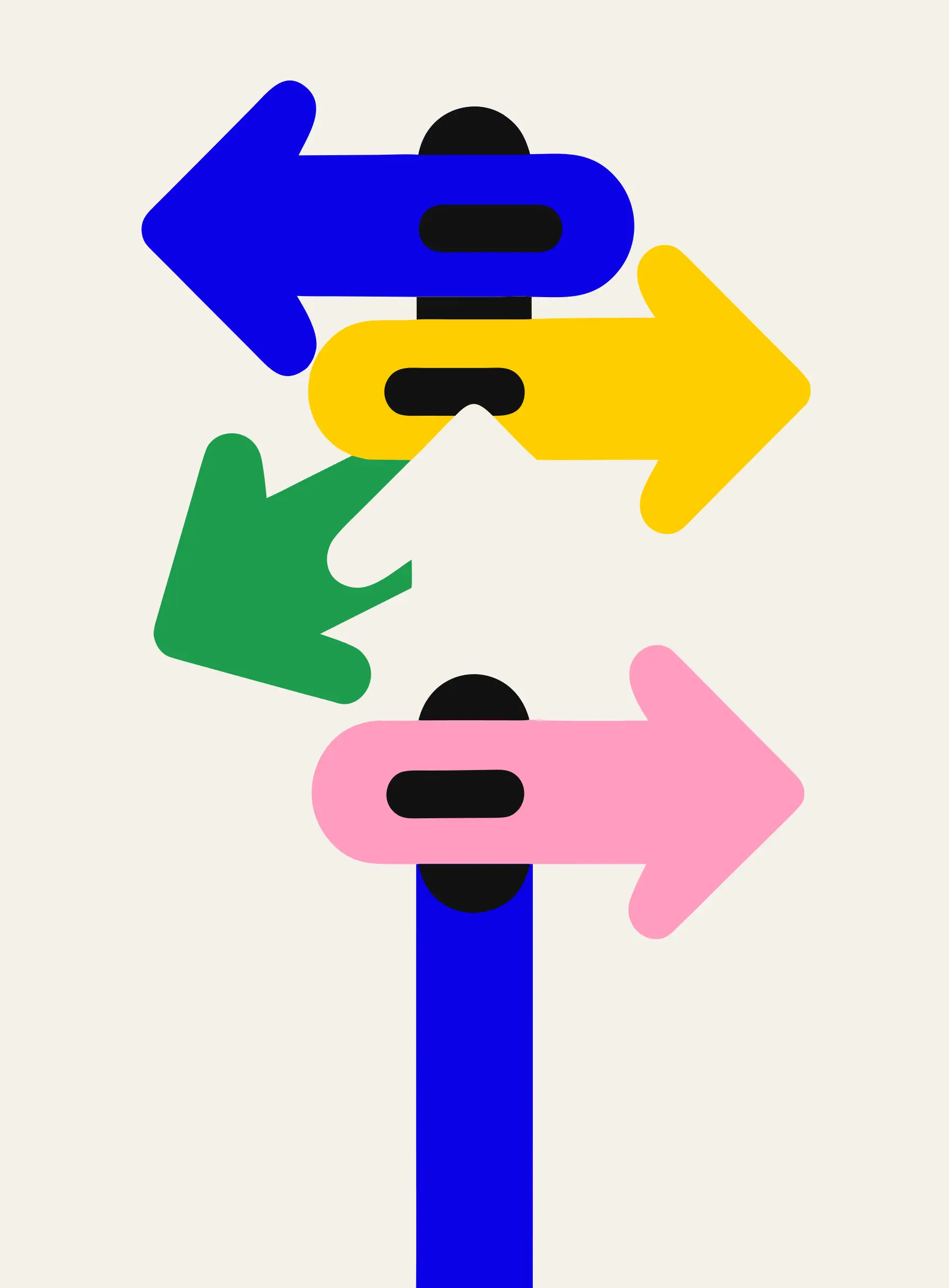 Illustration of a colorful signpost pointing in several directions representing choosing an app